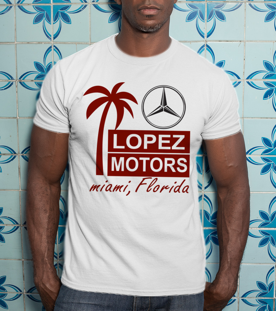 Lopez Motors Miami Florida Scarface Palm Tree Mercedes Benz Star T-Shirt