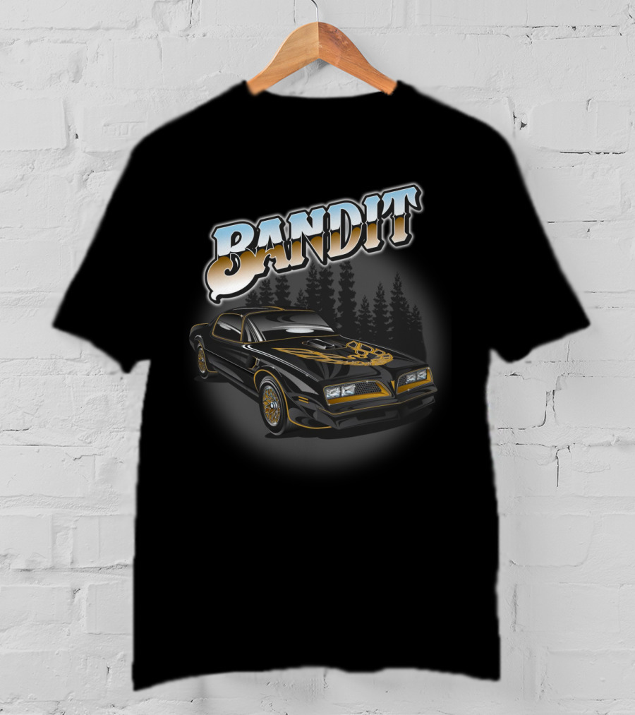 BANDIT Car With Golden Hood Decal And Pine Forest Background T-Shirt