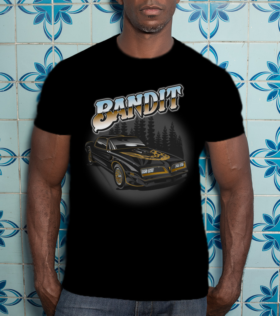 BANDIT Car With Golden Hood Decal And Pine Forest Background T-Shirt