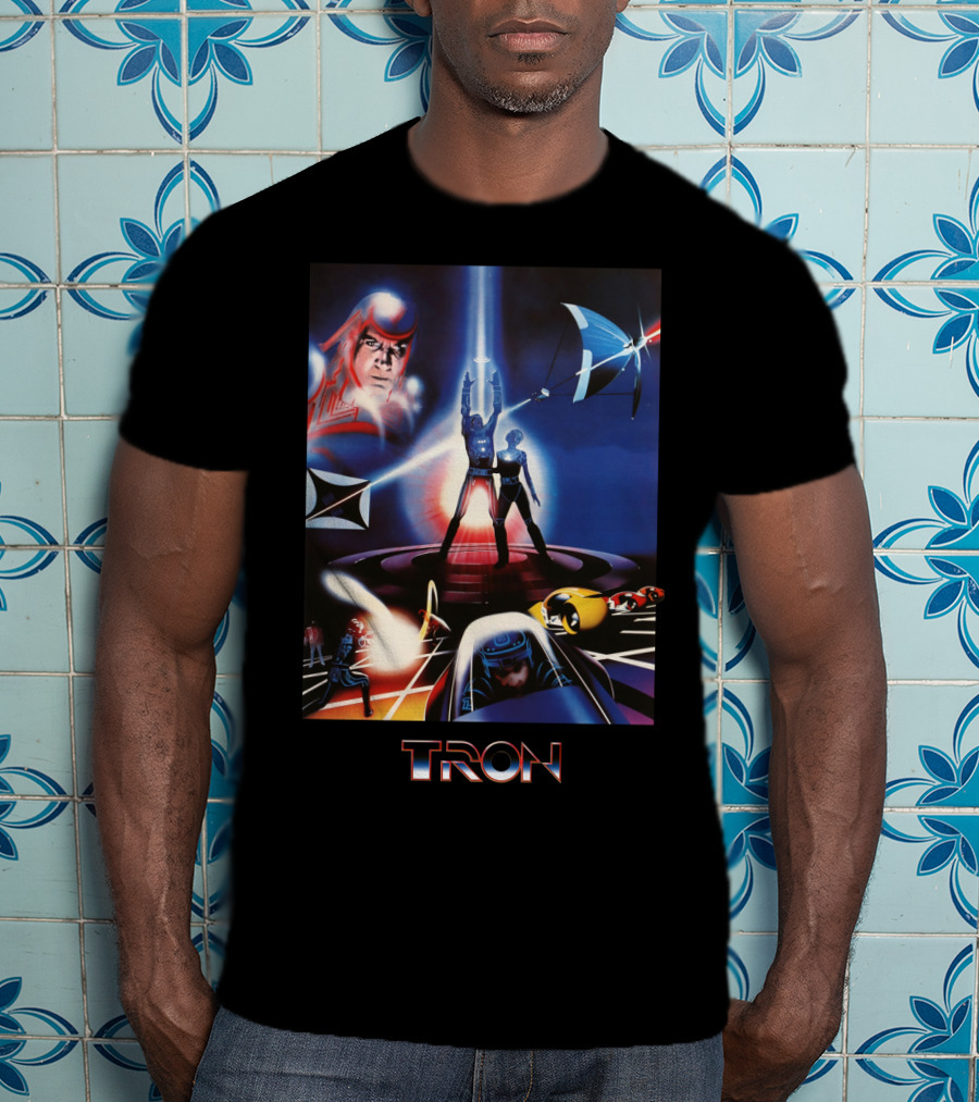 TRON Movie Artwork With Iconic Light Cycle And Disc Battle T-Shirt