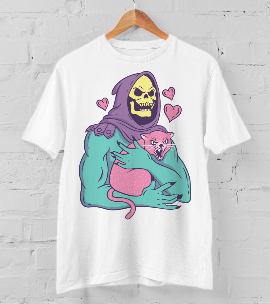 Skeletor Holding Pink Cat With Hearts T-Shirt