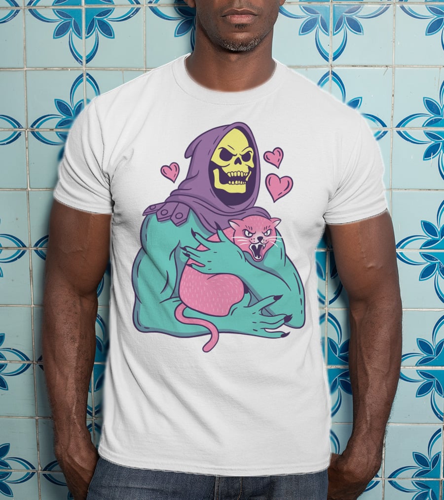 Skeletor Holding Pink Cat With Hearts T-Shirt
