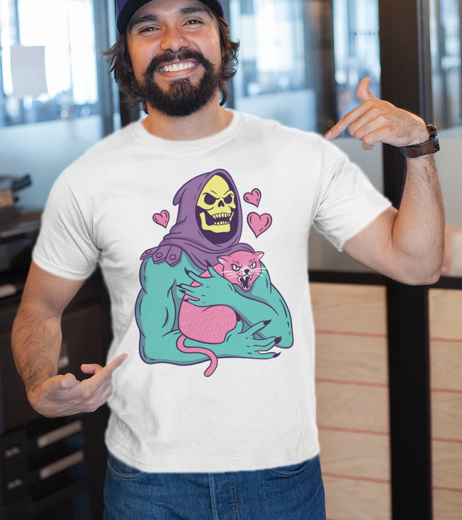 Skeletor Holding Pink Cat With Hearts T-Shirt