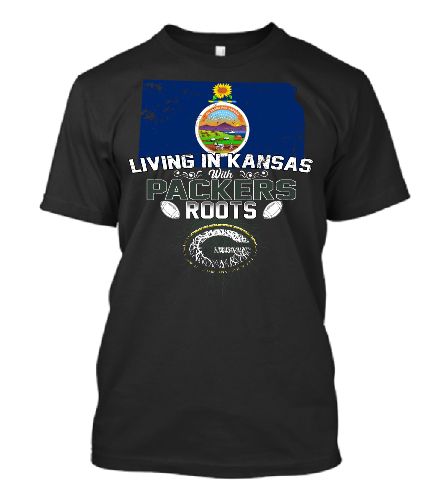 Living In Kansas With Packers Roots Football-Themed Design Featuring State Seal And Football T-Shirt
