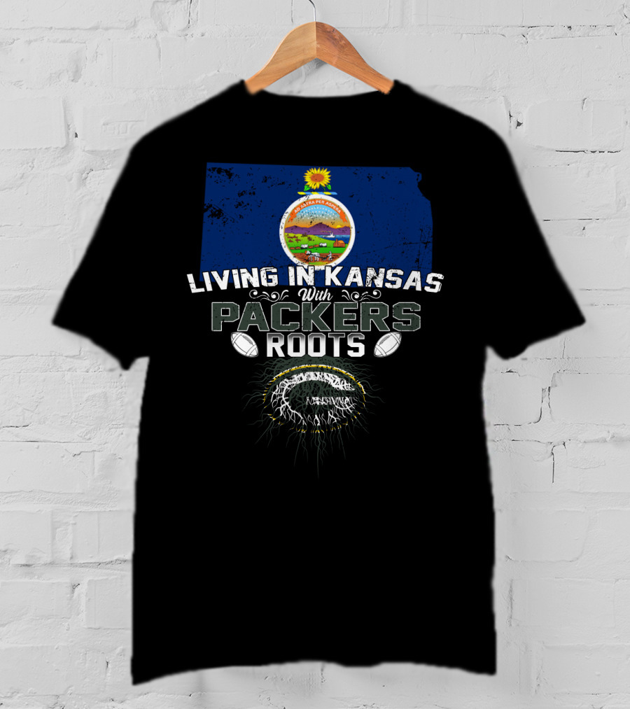 Living In Kansas With Packers Roots Football-Themed Design Featuring State Seal And Football T-Shirt