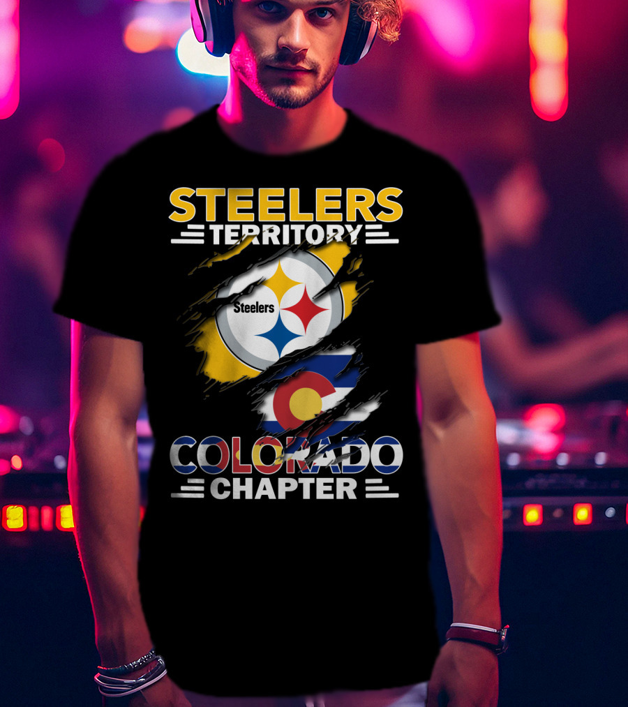 Steelers Territory Colorado Chapter Logo With Colorado Flag And Steelers T-Shirt
