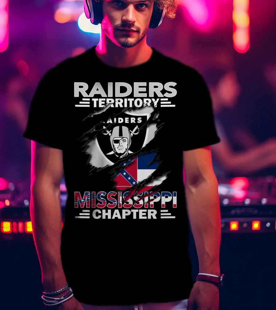 Raiders Territory Mississippi Chapter Nfl Fan Club Logo With Mississippi Flag Elements T-Shirt