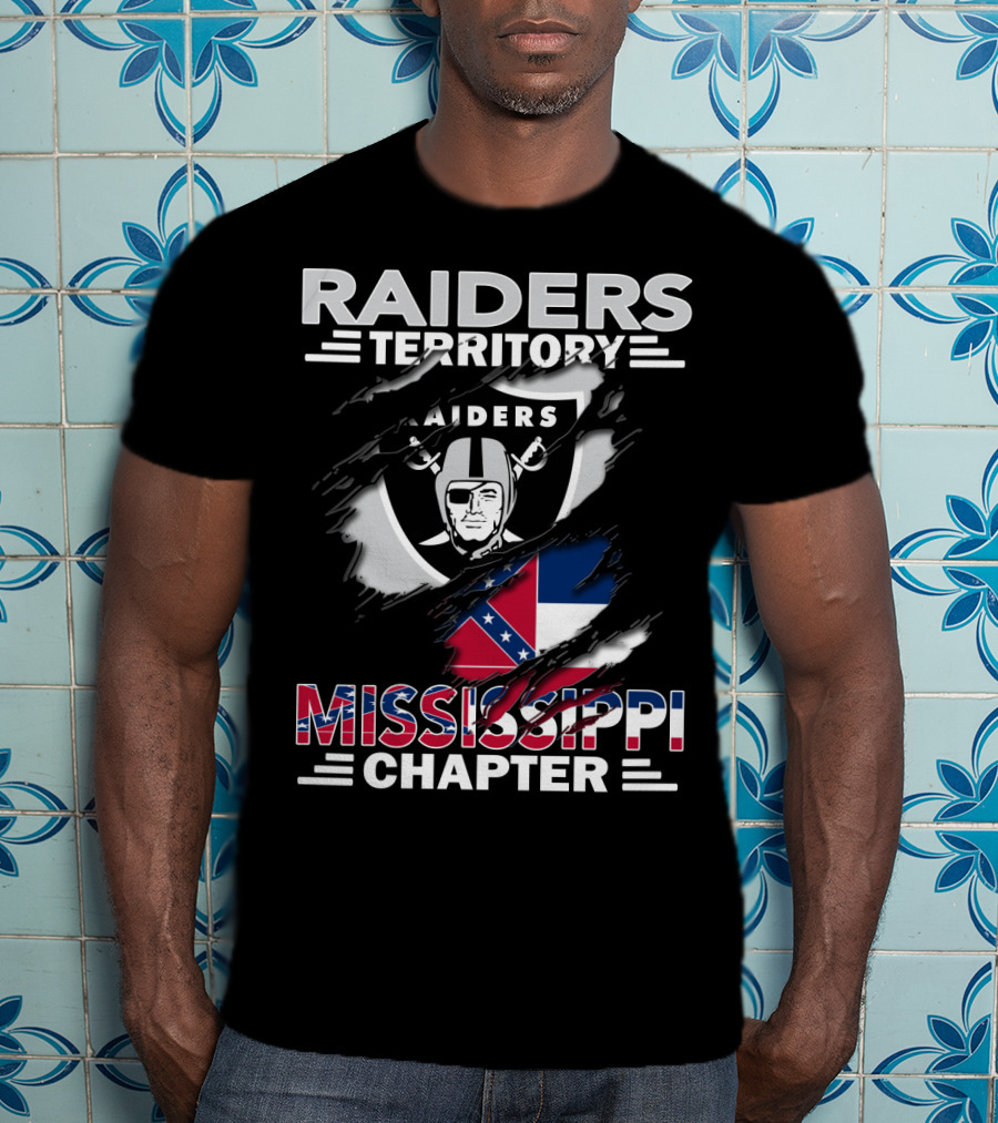 Raiders Territory Mississippi Chapter Nfl Fan Club Logo With Mississippi Flag Elements T-Shirt