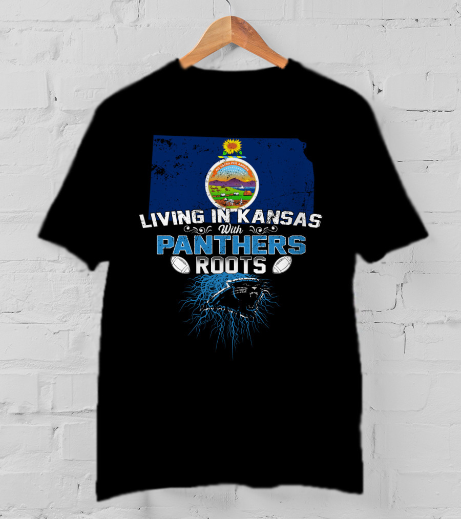 Living In Kansas With Panthers Roots Kansas State Outline And Panther Emblem With Footballs T-Shirt