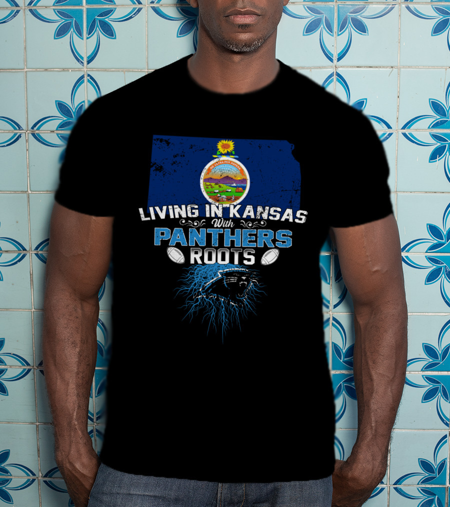 Living In Kansas With Panthers Roots Kansas State Outline And Panther Emblem With Footballs T-Shirt