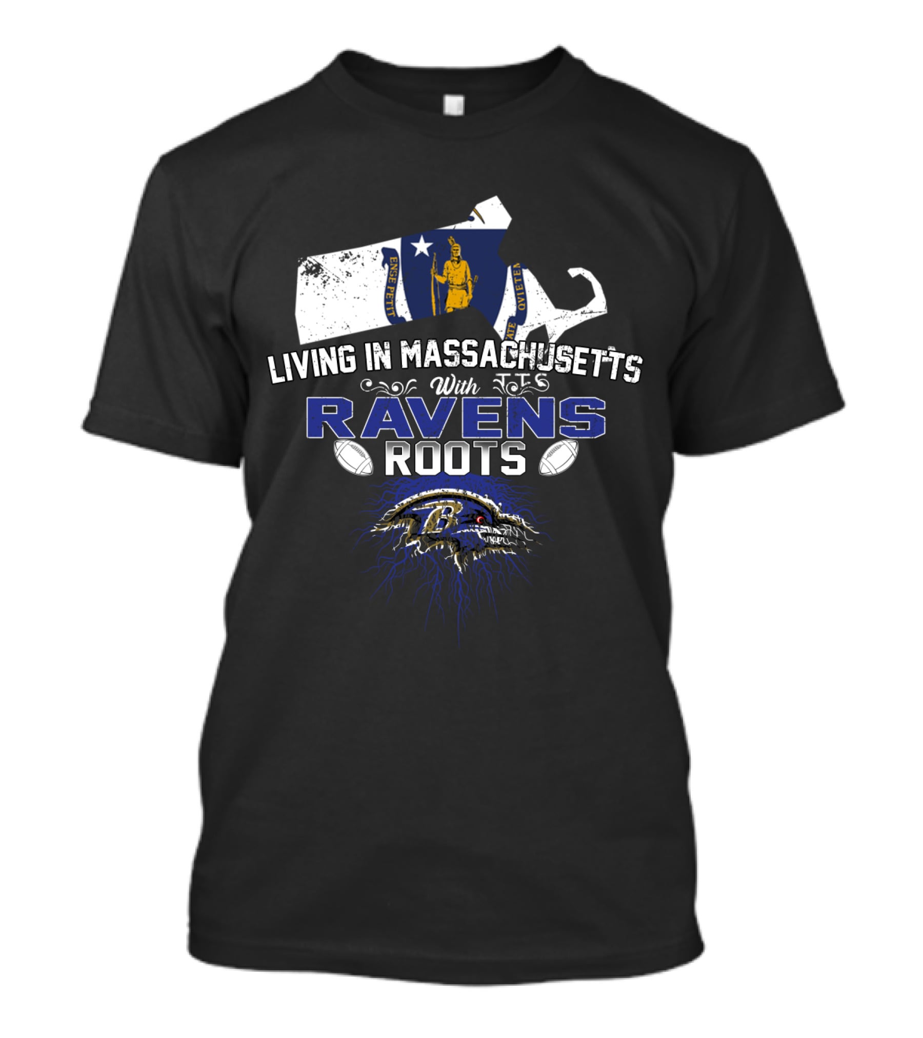 Living In Massachusetts With Ravens Roots Maryland Flag Design Football Connection T-Shirt