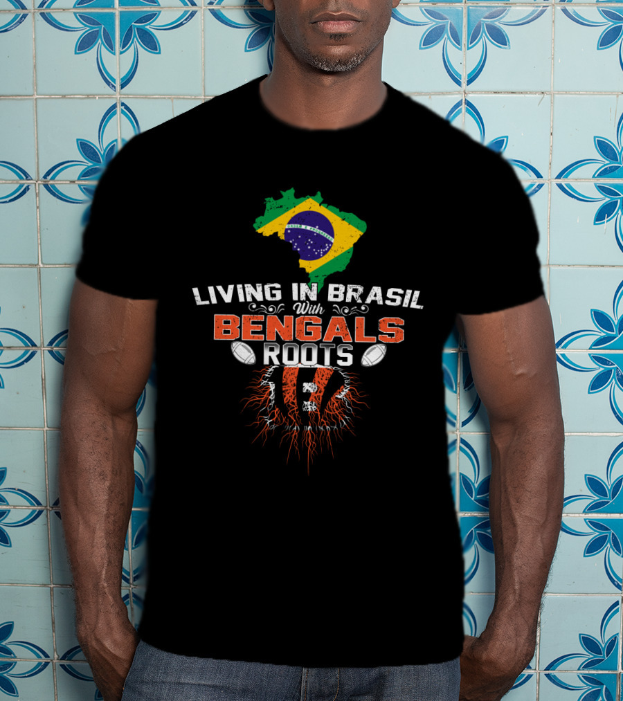 Living In Brasil With Bengals Roots Brazil Map Flag American Football T-Shirt