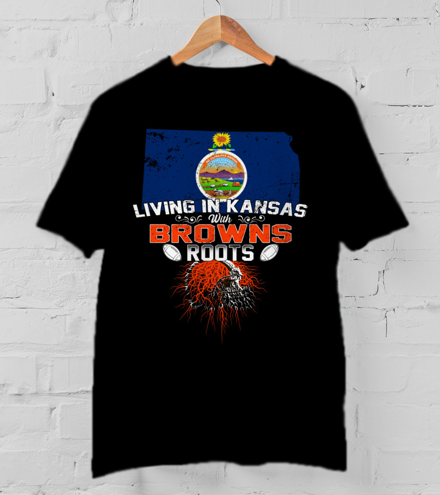 Living In Kansas With Browns Roots Kansas Map Football Helmet T-Shirt