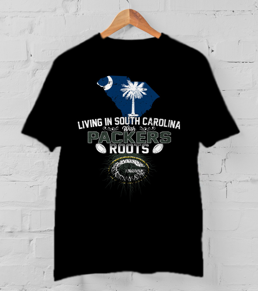 Living In South Carolina With Packers Roots South Carolina Map Palmetto Tree Crescent Moon Packers Logo Footballs T-Shirt