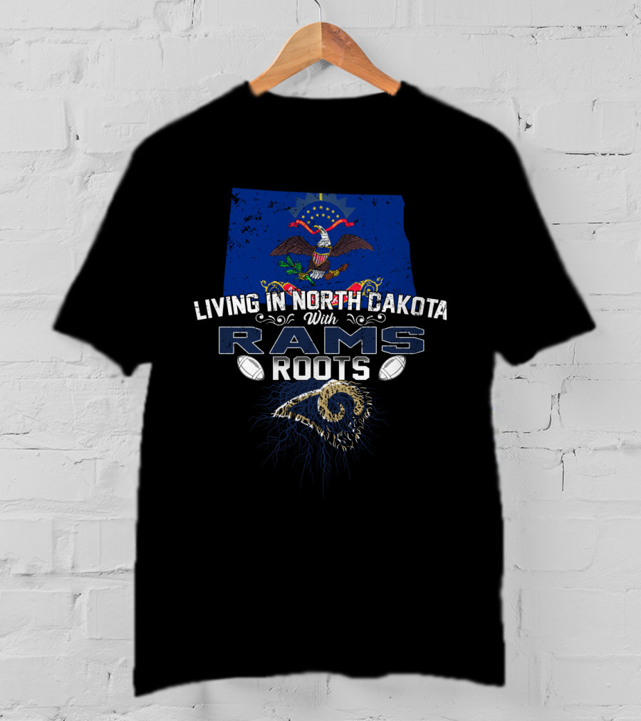 Living In North Dakota With Rams Roots Featuring State Flag And Eagle Emblem T-Shirt