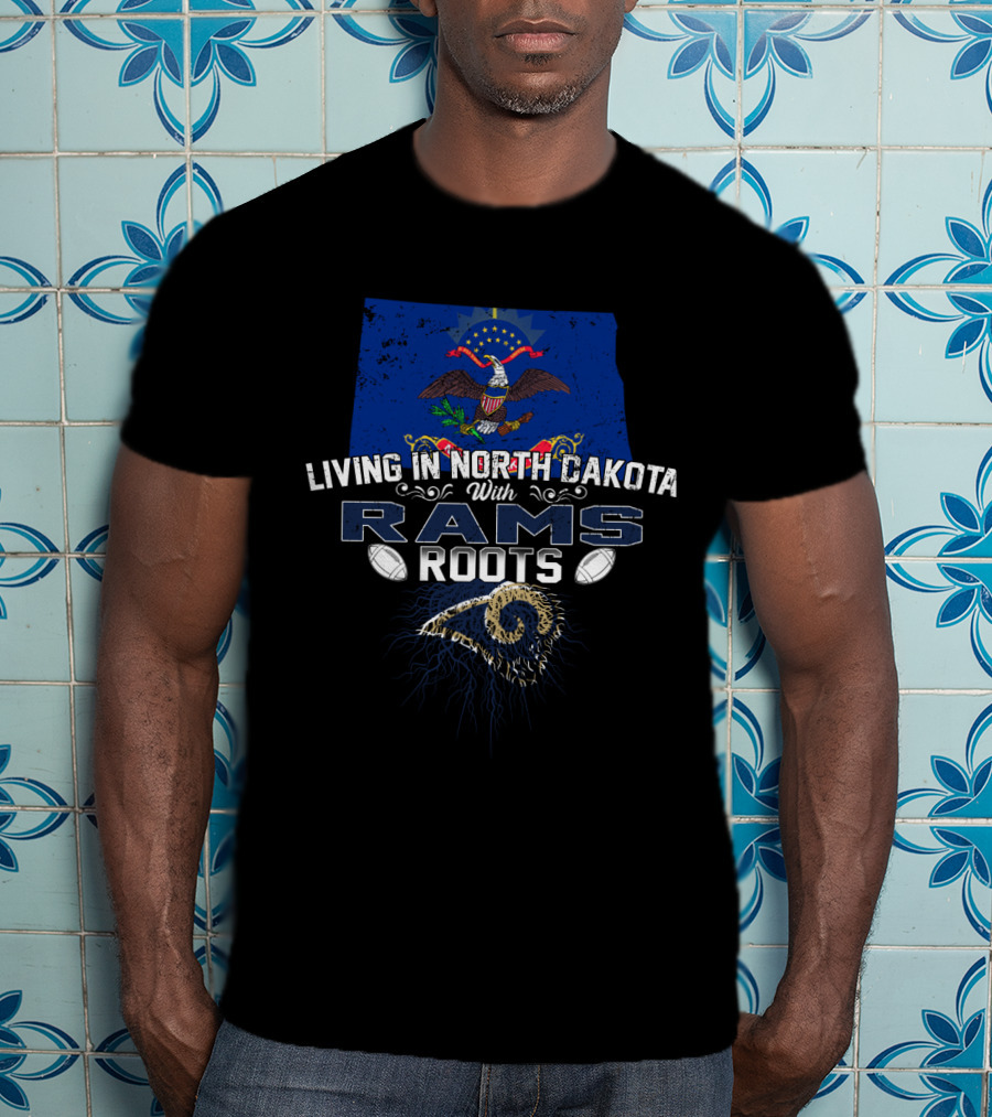 Living In North Dakota With Rams Roots Featuring State Flag And Eagle Emblem T-Shirt