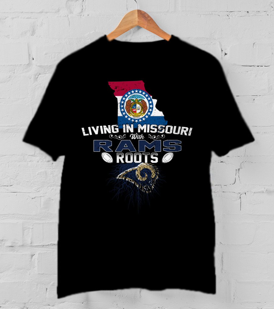 Living In Missouri With Rams Roots And State Seal Map T-Shirt