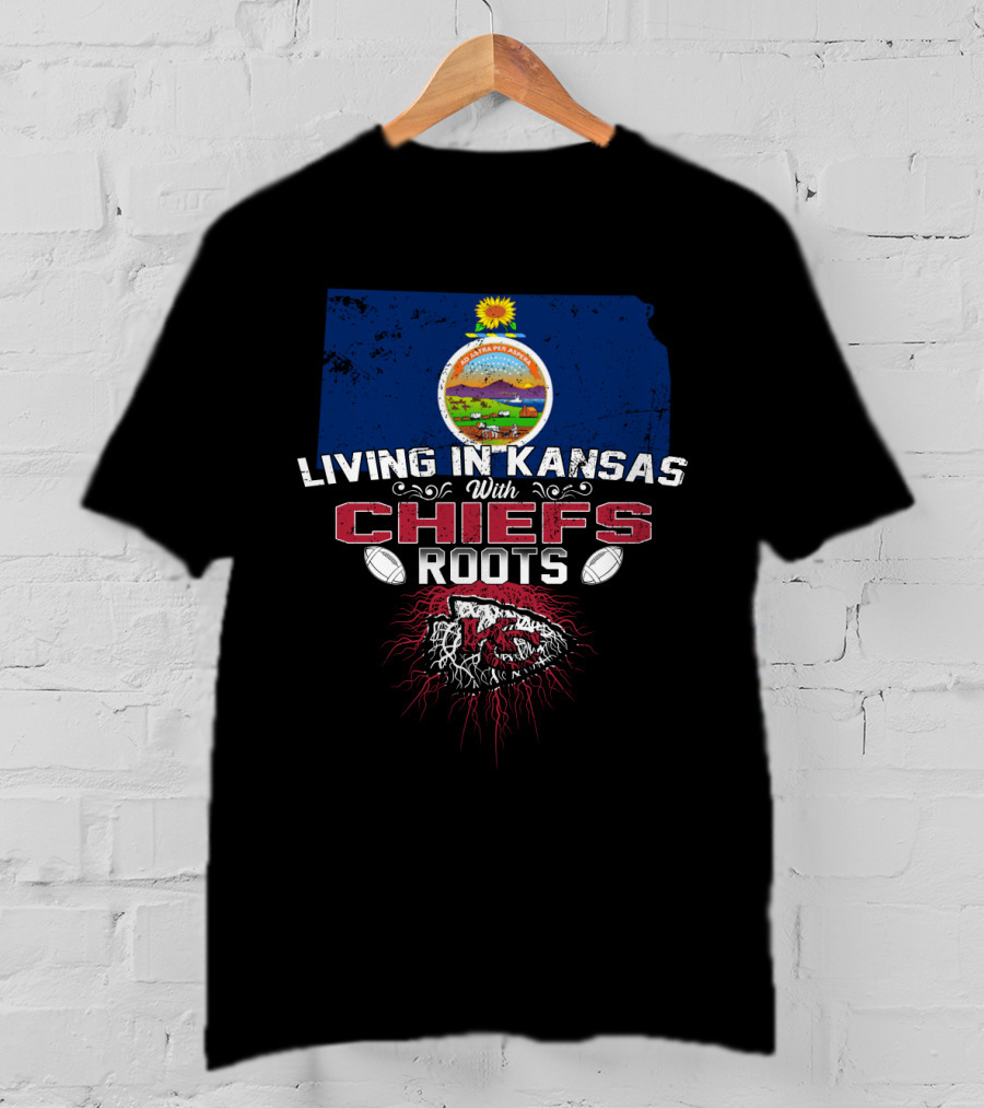 Living In Kansas With Chiefs Roots Kansas State Map Football Heritage T-Shirt