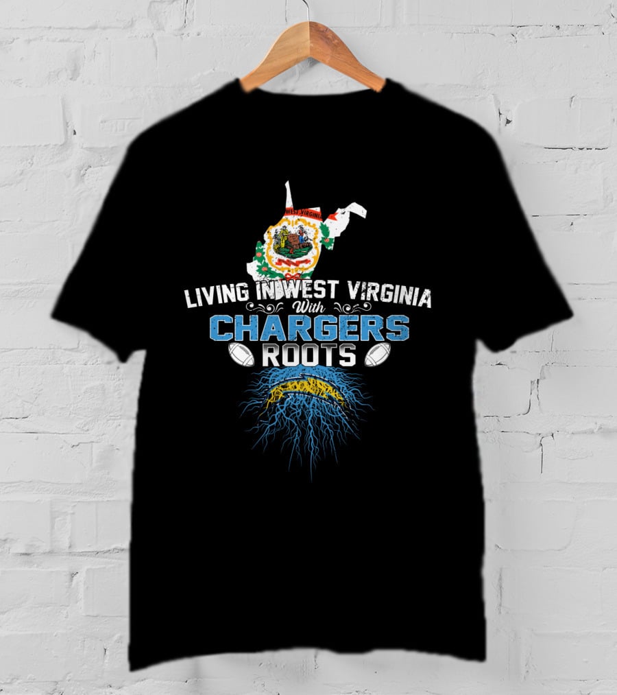 Living In West Virginia With Chargers Roots Map Design And Football Elements T-Shirt