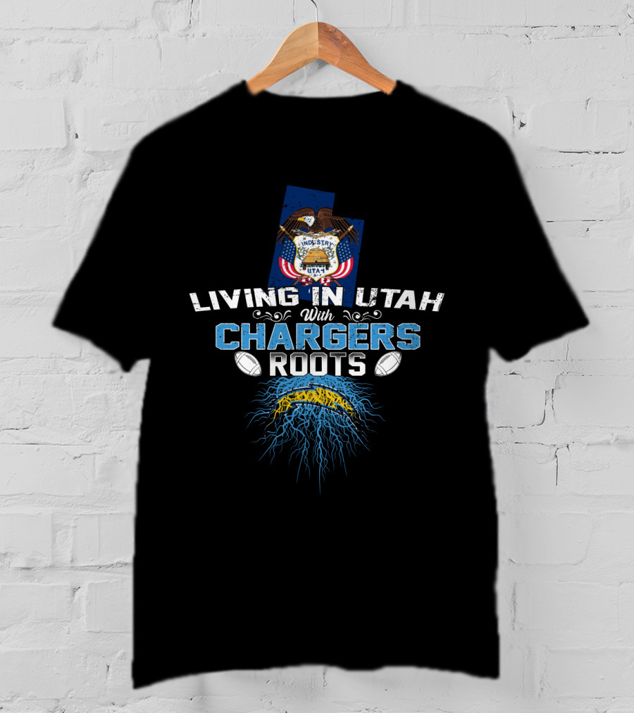 Living In Utah With Chargers Roots Football Heritage Utah State Flag T-Shirt