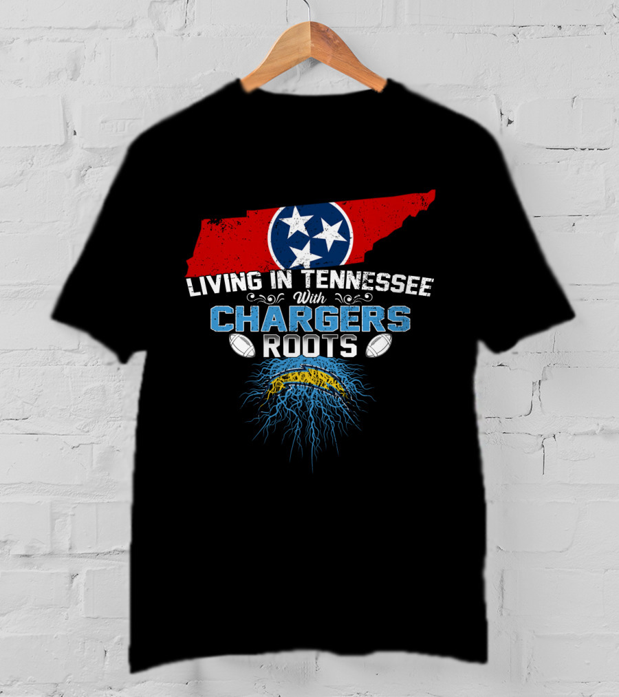 Living In Tennessee With Chargers Roots Tennessee Flag Football Theme Electric Bolt T-Shirt