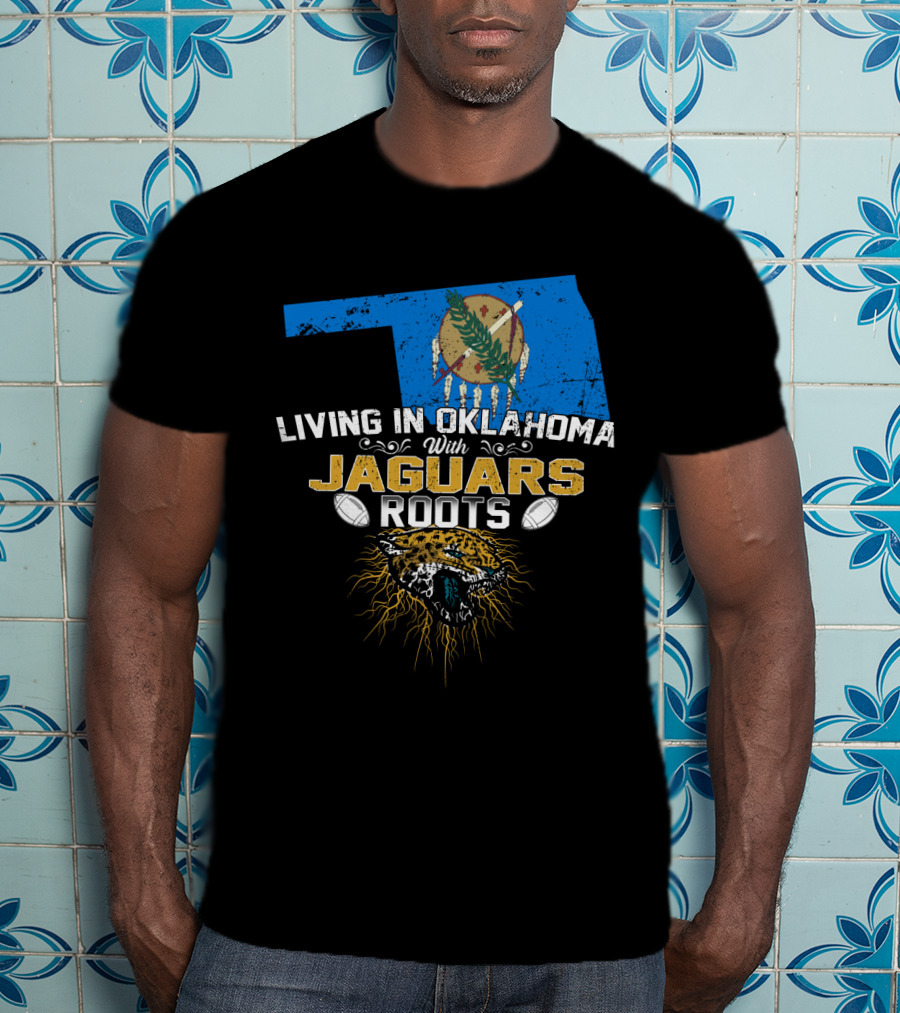 Living In Oklahoma With Jaguars Roots Map And Fierce Jaguar Emblem T-Shirt
