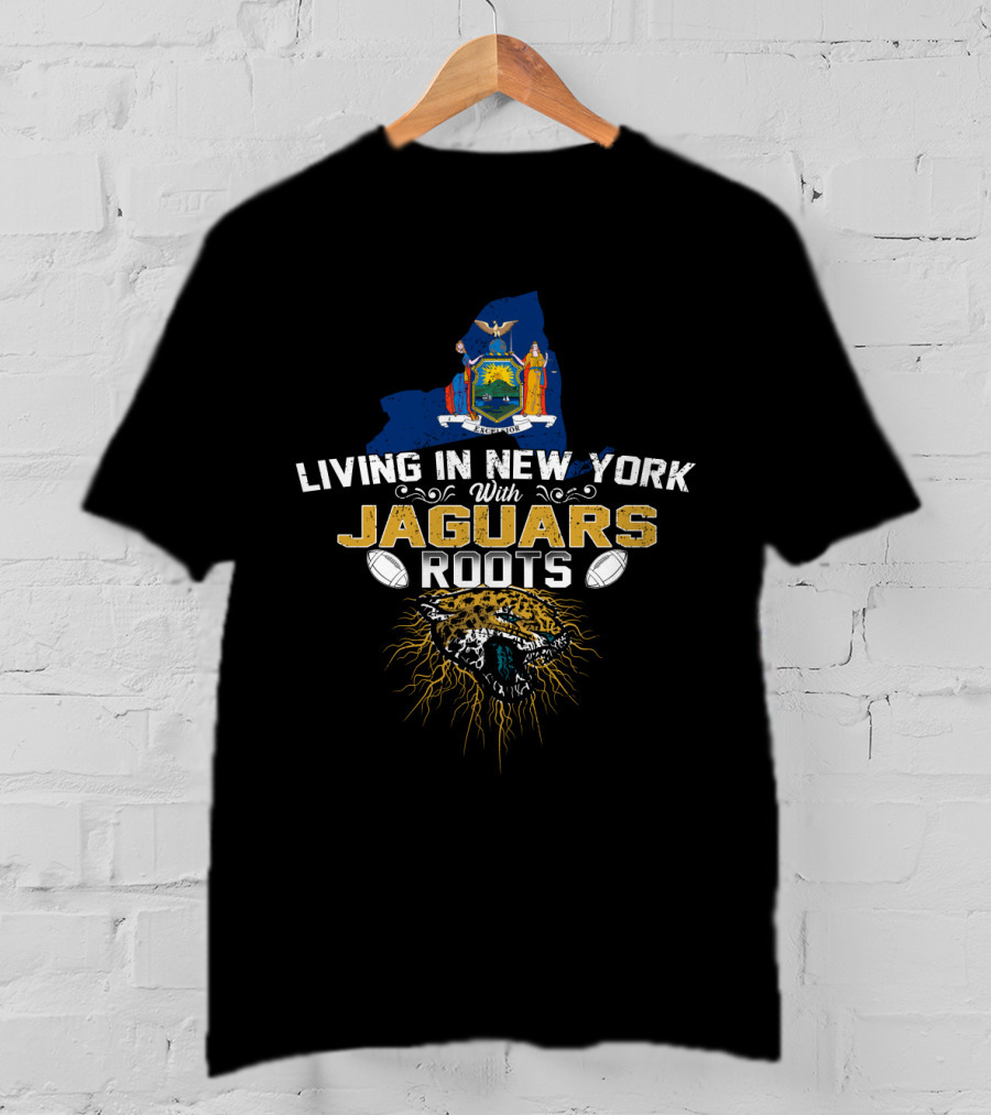 Living In New York With Jaguars Roots New York State Outline Jaguar Head Football Elements T-Shirt