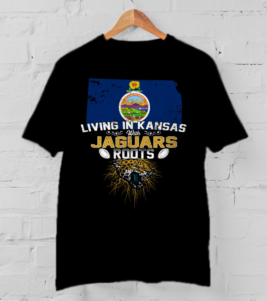 Living In Kansas With Jaguars Roots Featuring Kansas State Seal And Jaguar Head With Footballs T-Shirt