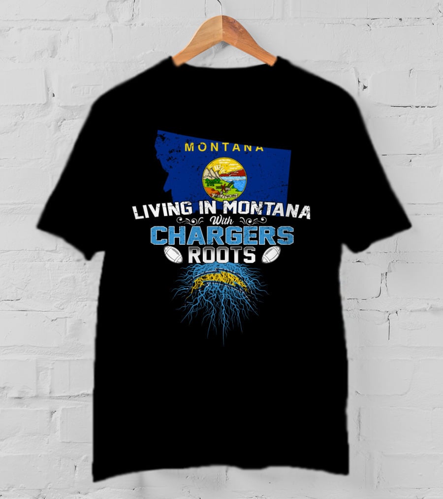 Living In Montana With Chargers Roots Montana State Map And Football Elements T-Shirt
