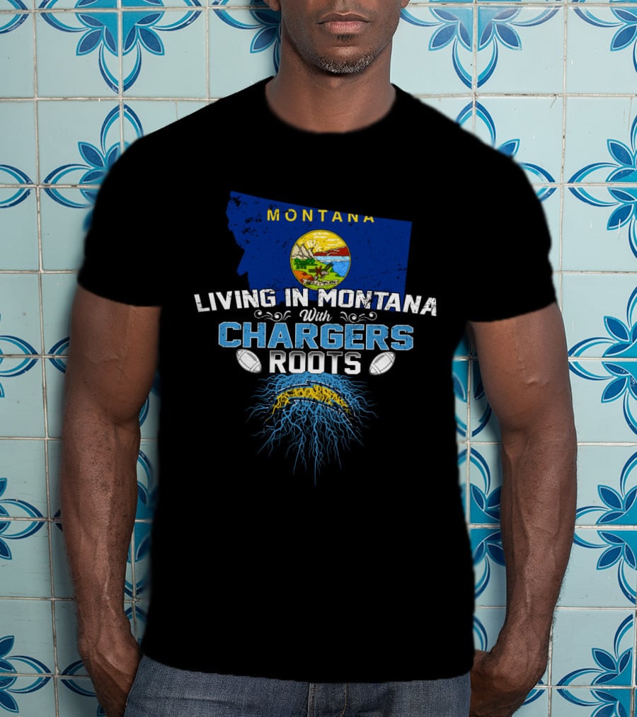 Living In Montana With Chargers Roots Montana State Map And Football Elements T-Shirt