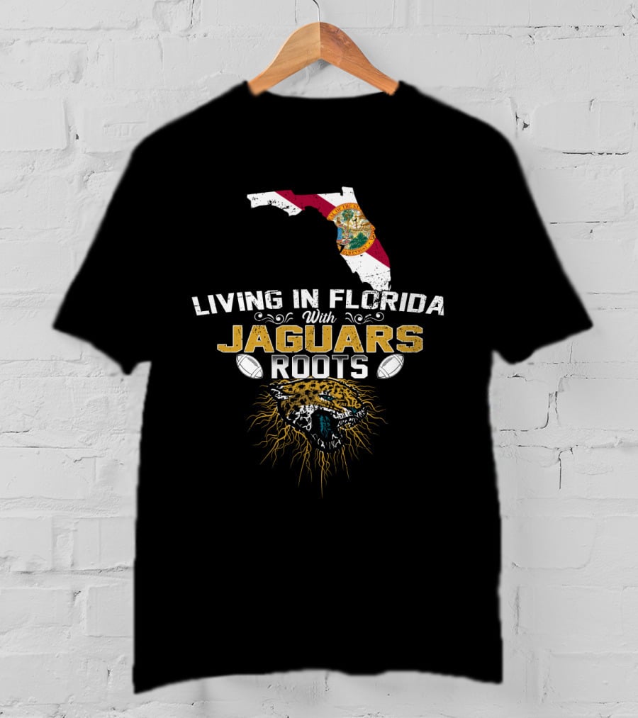 Living In Florida With Jaguars Roots Florida Map And Jaguar Head T-Shirt