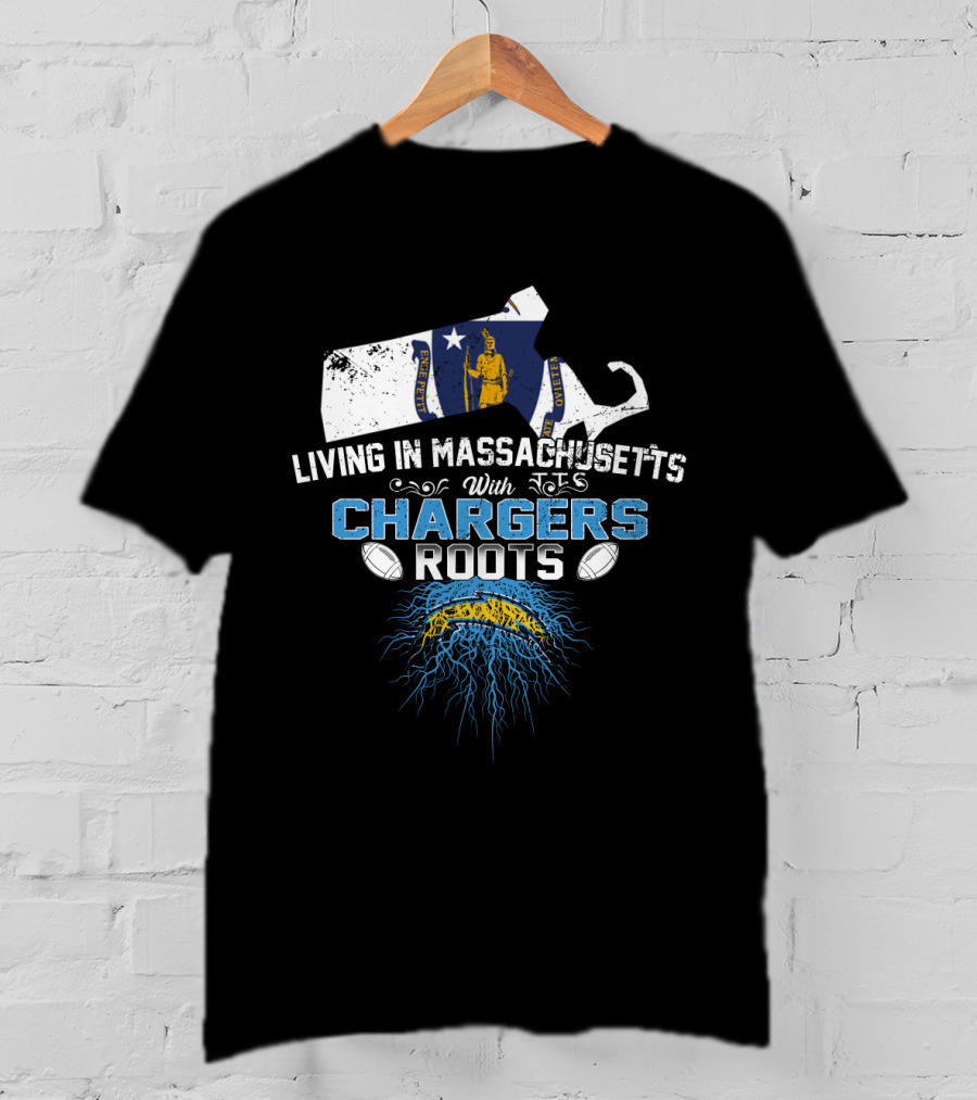 Living In Massachusetts With Chargers Roots And State Outline T-Shirt