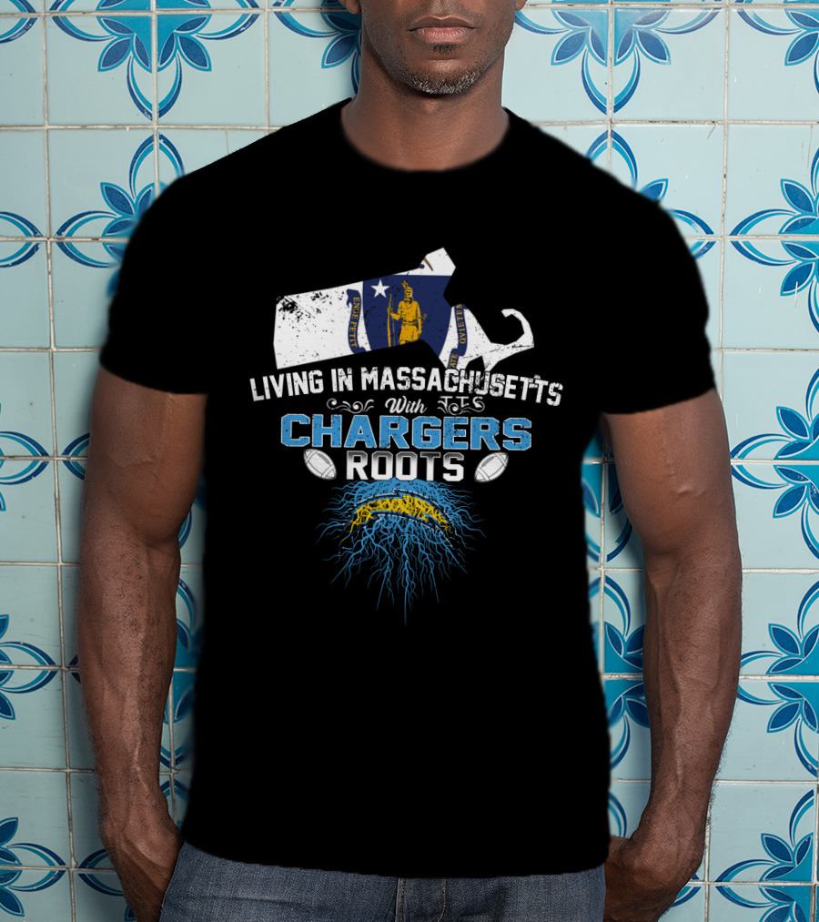 Living In Massachusetts With Chargers Roots And State Outline T-Shirt