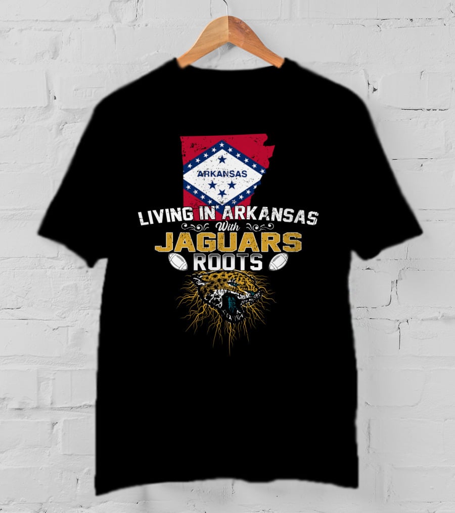 Living In Arkansas With Jaguars Roots American Flag Background Football T-Shirt
