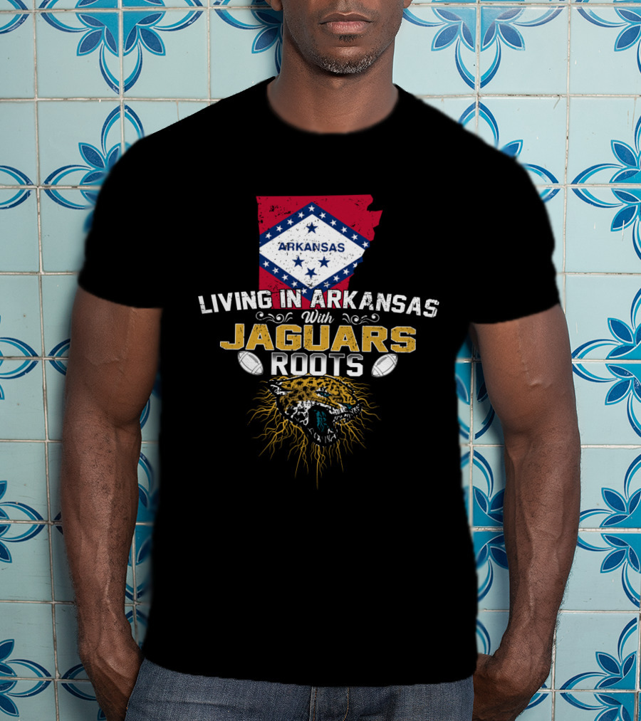Living In Arkansas With Jaguars Roots American Flag Background Football T-Shirt