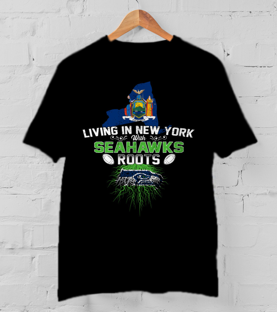 Living In New York With Seahawks Roots New York State Outline Seahawks Logo Footballs T-Shirt