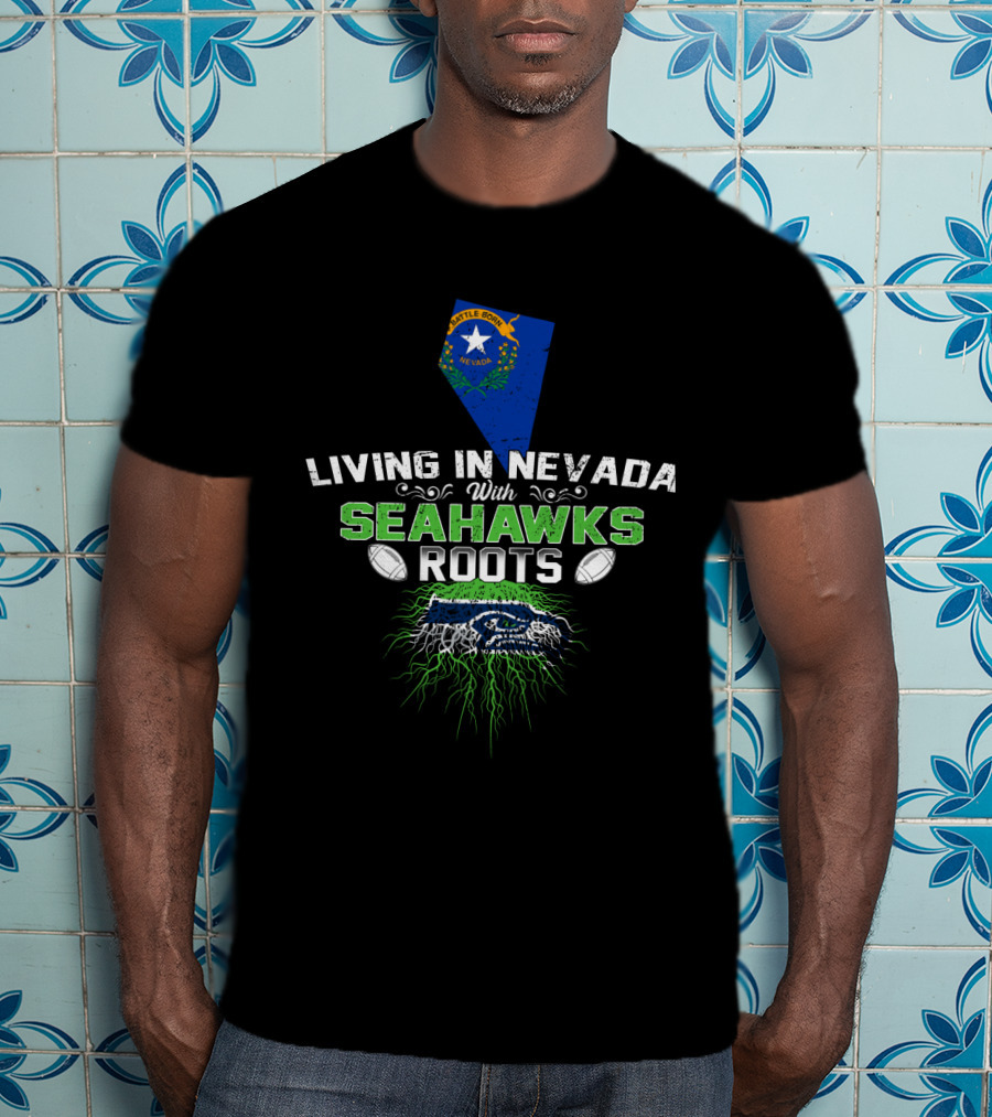 Living In Nevada With Seattle Seahawks Roots, Nevada Flag And Logo Elements T-Shirt