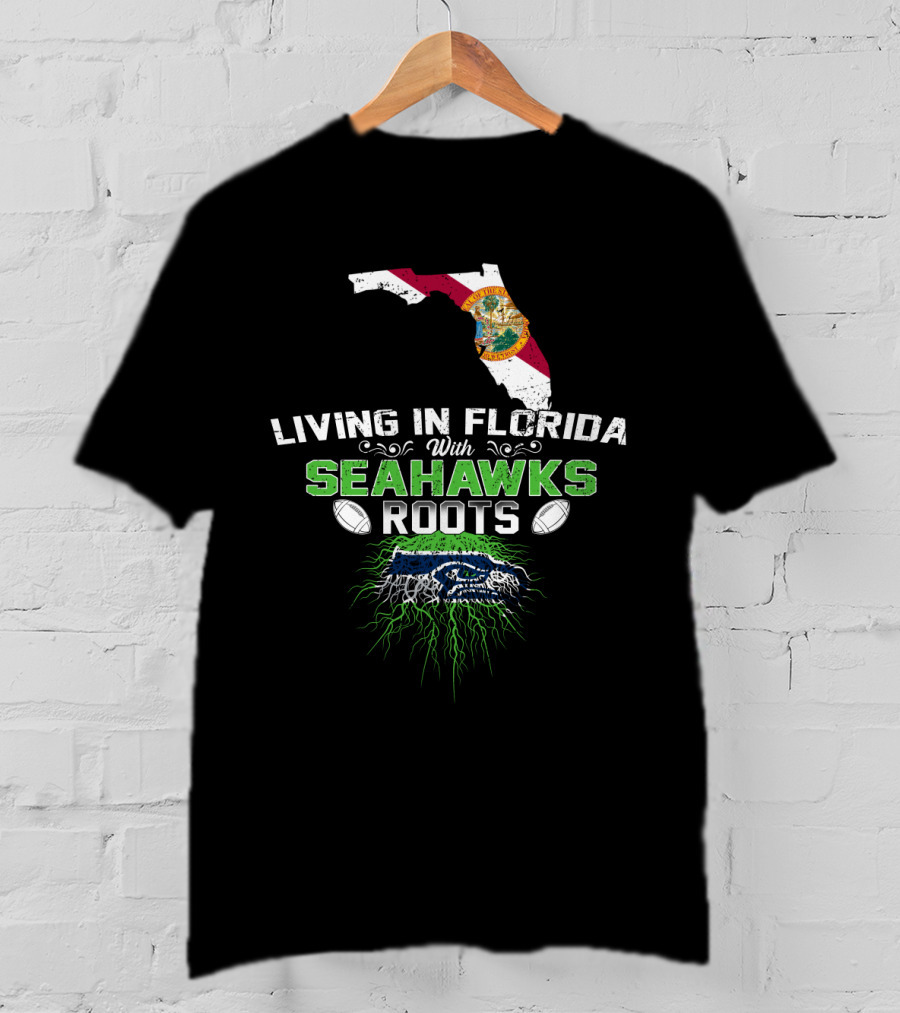 Living In Florida With Seahawks Roots Featuring State Flag And Logo Elements T-Shirt