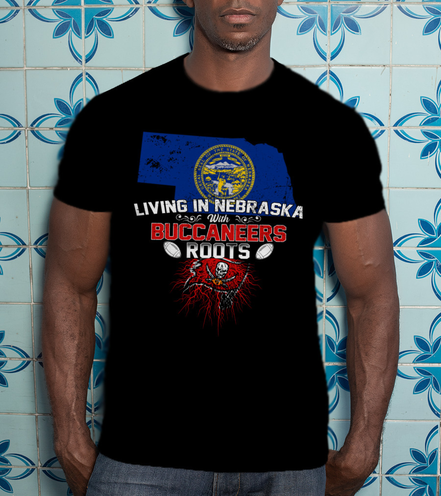 Living In Nebraska With Buccaneers Roots Nebraska State Seal Football Skull Flag T-Shirt
