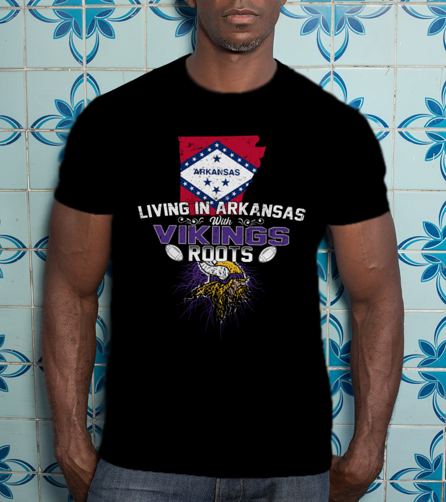 Living In Arkansas With Vikings Roots Arkansas Flag Viking Helmet Football T-Shirt
