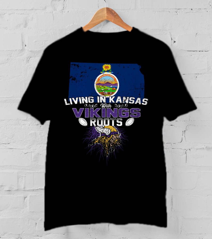 Living In Kansas With Vikings Roots State Seal Horned Helmet Football Connection T-Shirt