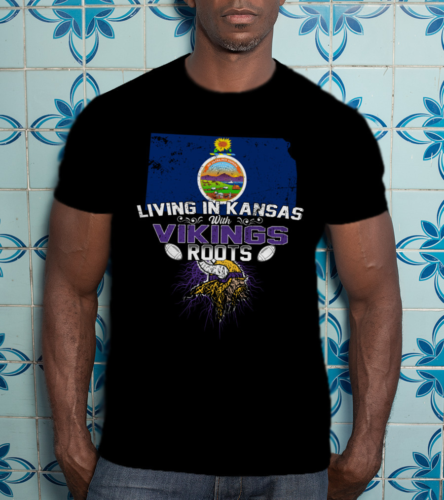 Living In Kansas With Vikings Roots State Seal Horned Helmet Football Connection T-Shirt