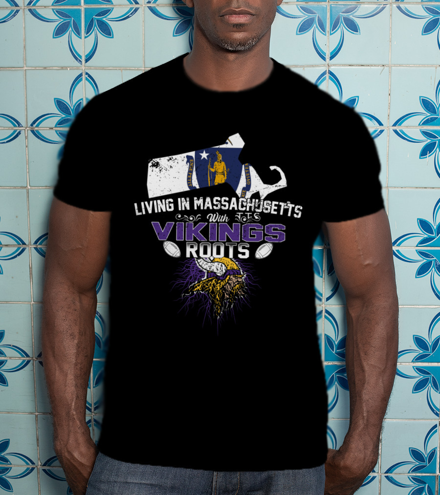 Living In Massachusetts With Vikings Roots Nordic Heritage Football Motif T-Shirt