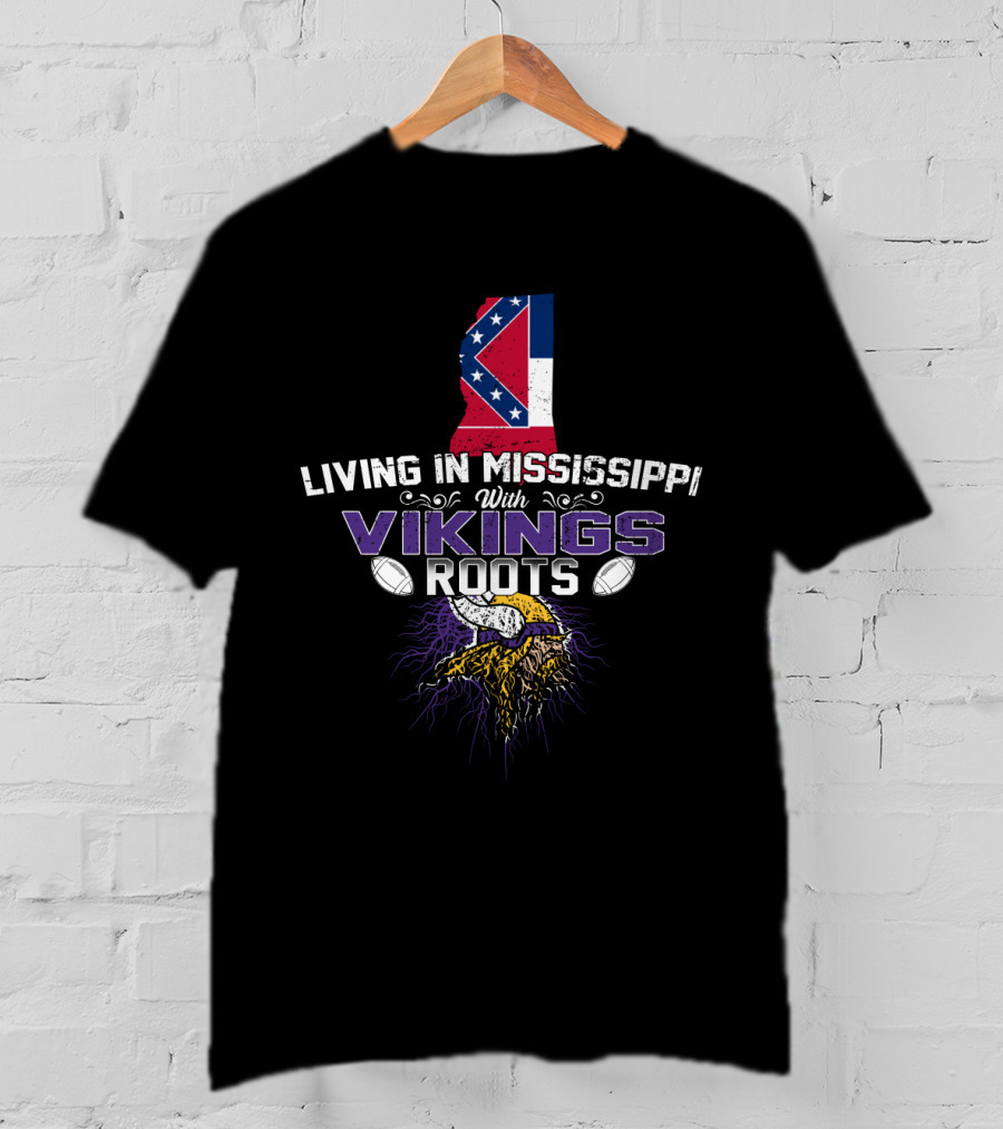 Living In Mississippi With Vikings Roots Featuring State Flag And Norse Symbolism T-Shirt