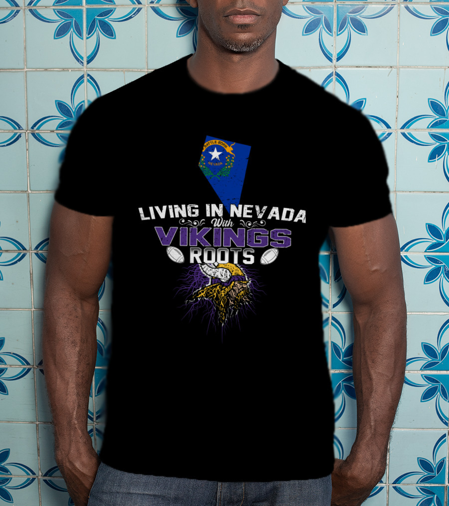 Living In Nevada Love Vikings Roots Nevada Map Football Horned Helmet Elements T-Shirt