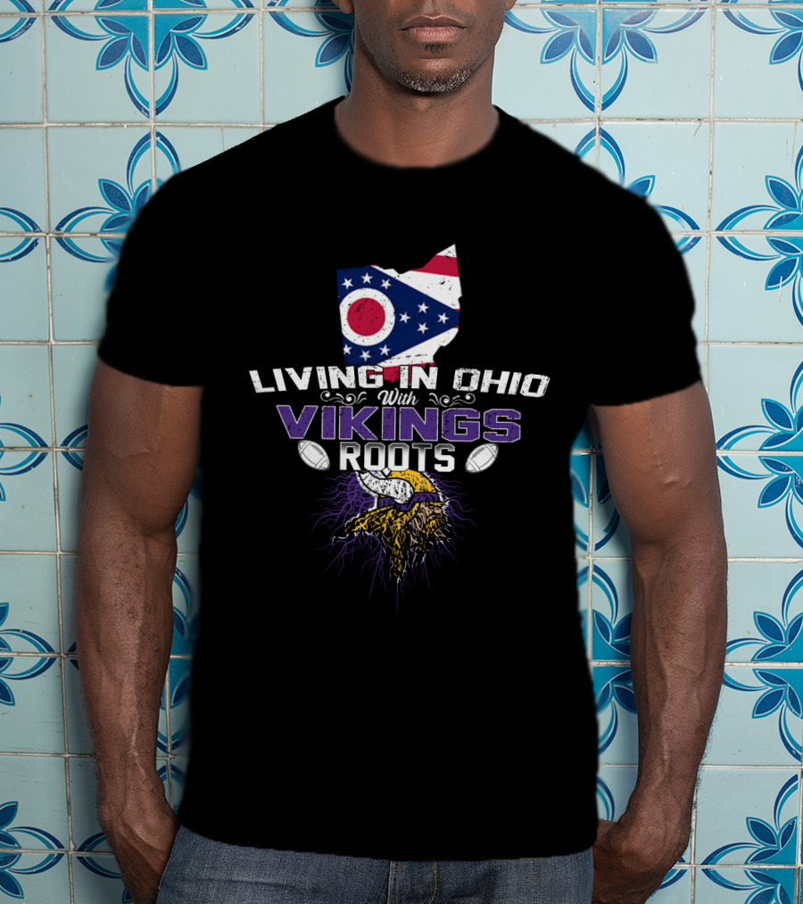 Living In Ohio With Vikings Roots Ohio Flag Map And Viking Helmet With Footballs Elements T-Shirt