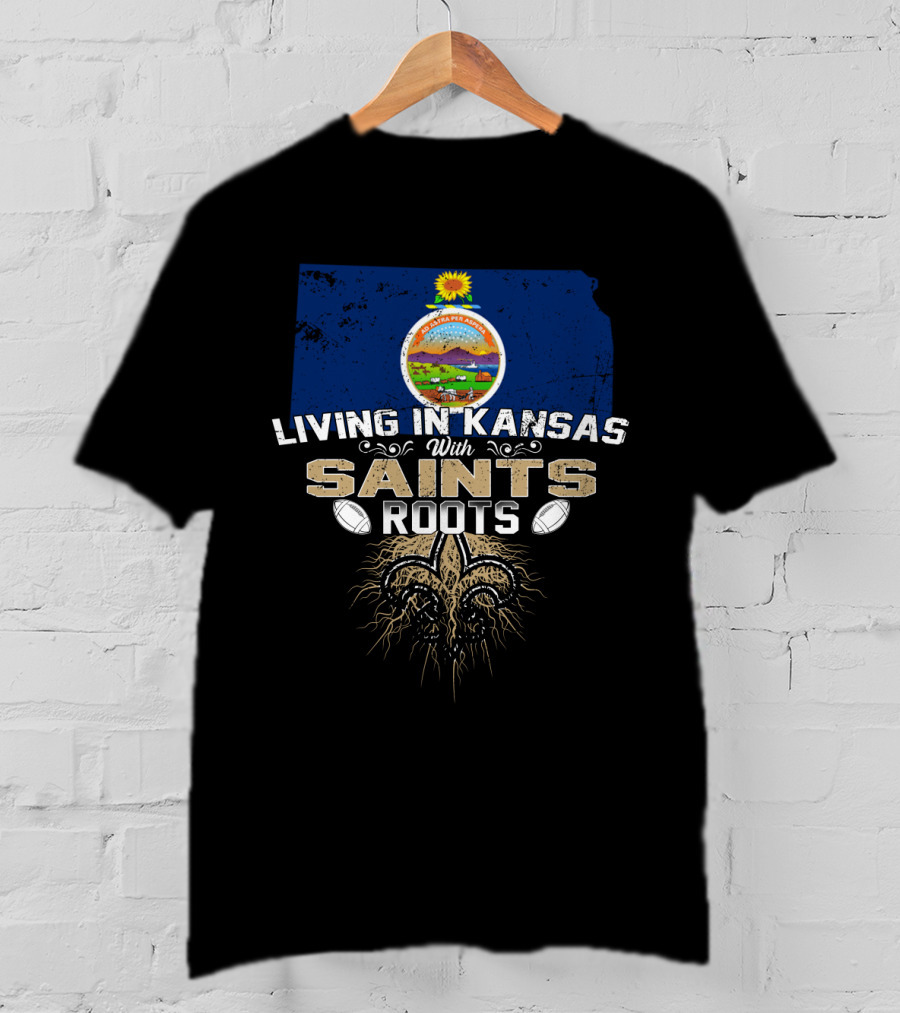 Living In Kansas With Saints Roots Kansas Map State Seal Fleur De Lis Football Elements T-Shirt