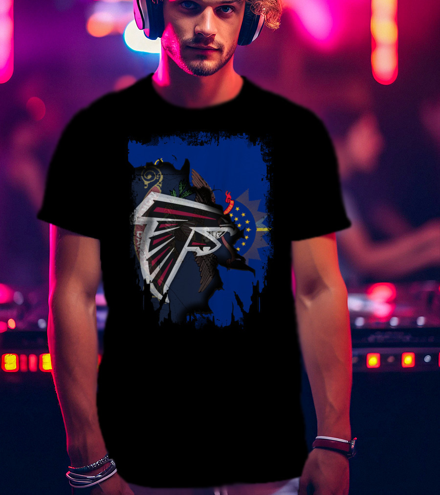 North Dakota Together With Falcons NFL Logo On State Flag Background T-Shirt