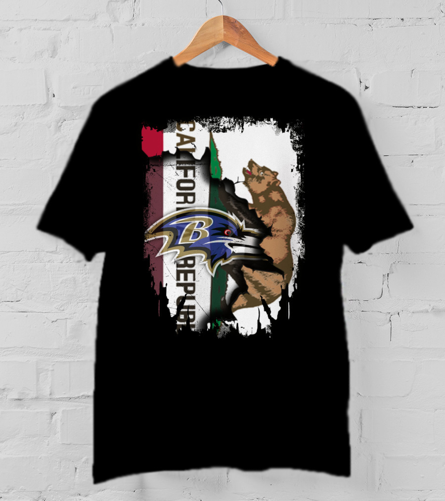 California Republic Bear And Baltimore Ravens Logo Fusion T-Shirt