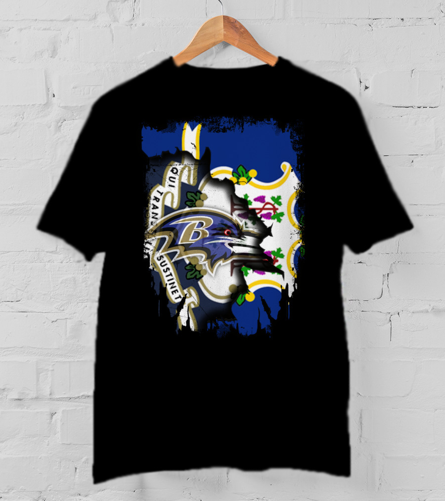 Connecticut State Flag And Baltimore Ravens Logo Fusion T-Shirt